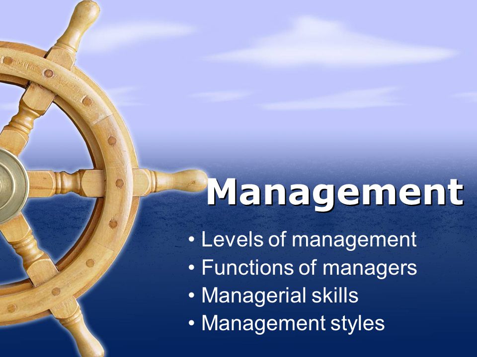 Levels of management Functions of managers Managerial skills Management styles Management