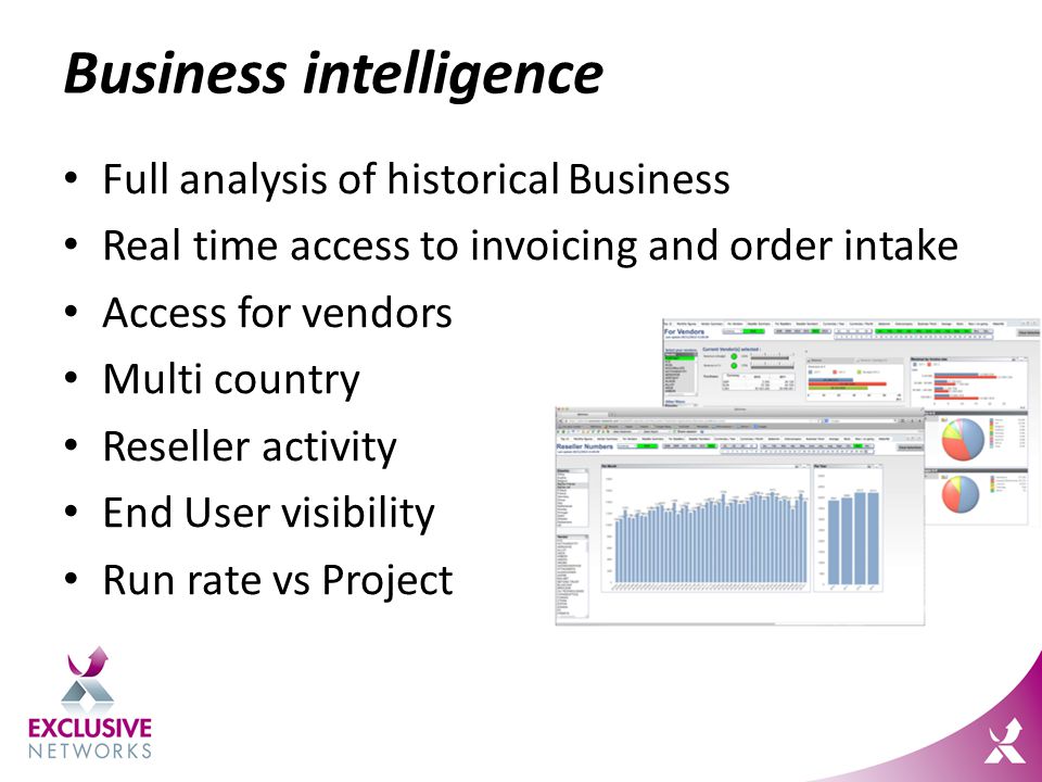 Business intelligence Full analysis of historical Business Real time access to invoicing and order intake Access for vendors Multi country Reseller activity End User visibility Run rate vs Project