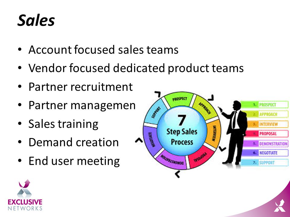 Sales Account focused sales teams Vendor focused dedicated product teams Partner recruitment Partner management Sales training Demand creation End user meeting