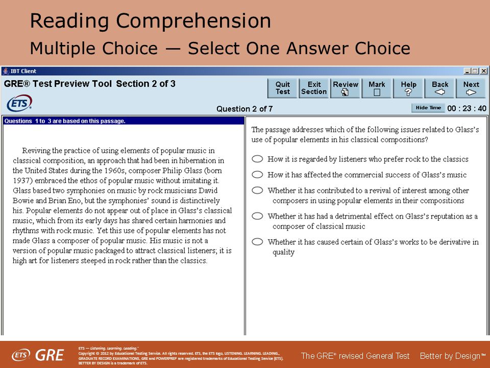 Reading Comprehension Multiple Choice — Select One Answer Choice ETS — Listening.