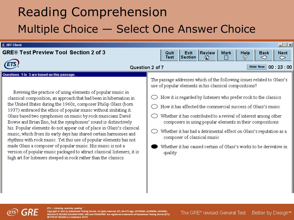 Reading Comprehension Multiple Choice — Select One Answer Choice ETS — Listening.