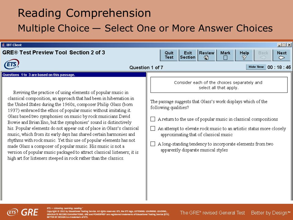Reading Comprehension Multiple Choice — Select One or More Answer Choices ETS — Listening.