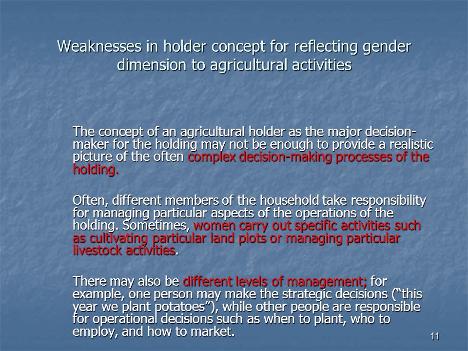 11 Weaknesses in holder concept for reflecting gender dimension to agricultural activities The concept of an agricultural holder as the major decision- maker for the holding may not be enough to provide a realistic picture of the often complex decision-making processes of the holding.