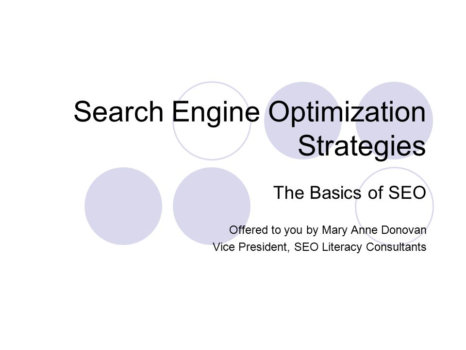 Search Engine Optimization Strategies The Basics of SEO Offered to you by Mary Anne Donovan Vice President, SEO Literacy Consultants