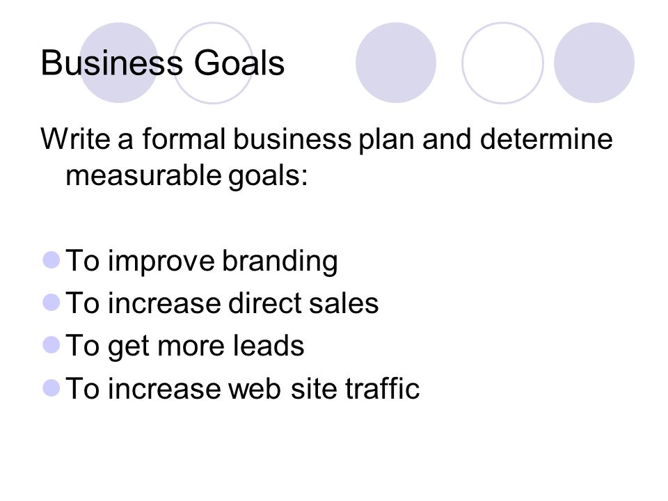 Business Goals Write a formal business plan and determine measurable goals: To improve branding To increase direct sales To get more leads To increase web site traffic
