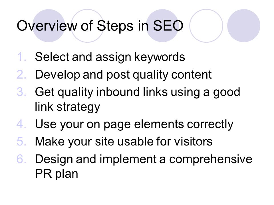 Overview of Steps in SEO 1.Select and assign keywords 2.Develop and post quality content 3.Get quality inbound links using a good link strategy 4.Use your on page elements correctly 5.Make your site usable for visitors 6.Design and implement a comprehensive PR plan