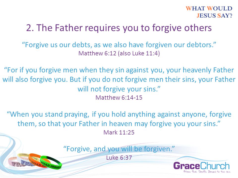 Forgive us our debts, as we also have forgiven our debtors. Matthew 6:12 (also Luke 11:4) For if you forgive men when they sin against you, your heavenly Father will also forgive you.