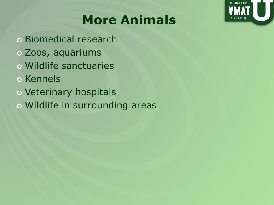 More Animals Biomedical research Zoos, aquariums Wildlife sanctuaries Kennels Veterinary hospitals Wildlife in surrounding areas