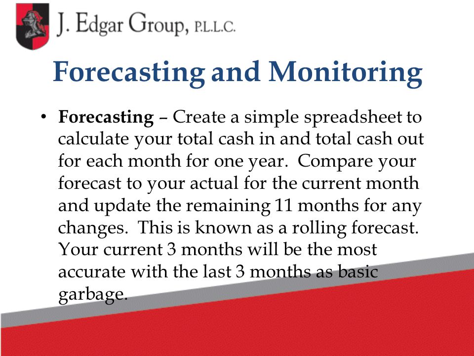 Forecasting and Monitoring Forecasting – Create a simple spreadsheet to calculate your total cash in and total cash out for each month for one year.