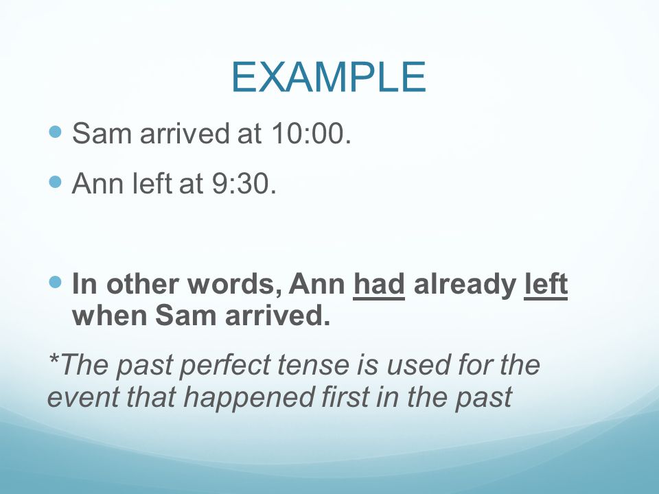 EXAMPLE Sam arrived at 10:00. Ann left at 9:30.