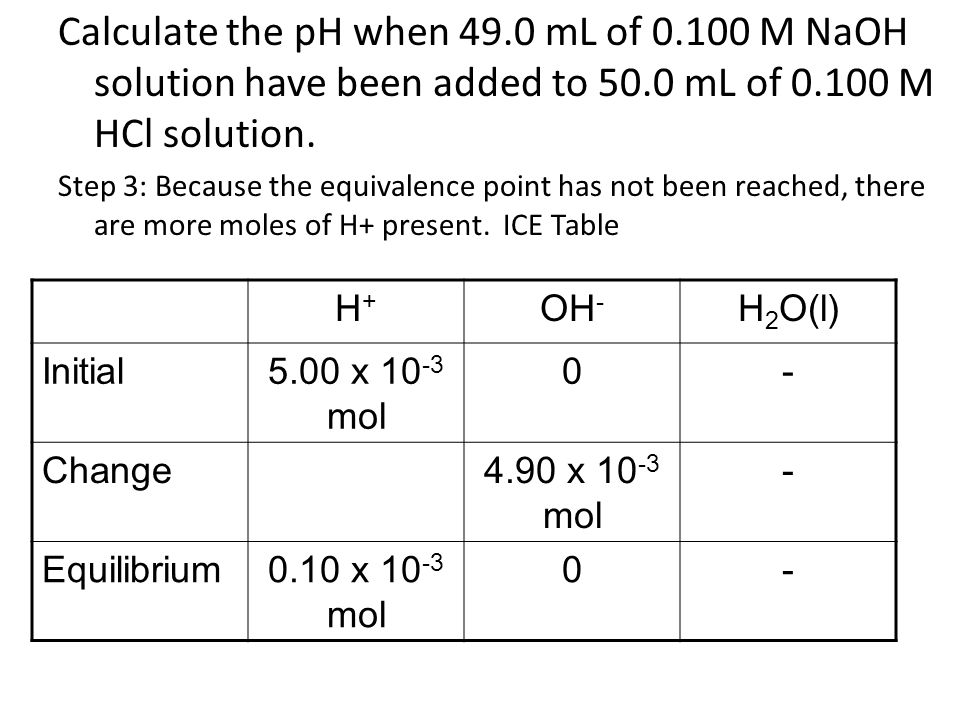 Calculate the pH when 49.0 mL of M NaOH solution have been added to 50.0 mL of M HCl solution.