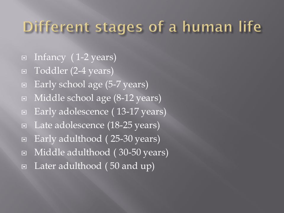  Infancy ( 1-2 years)  Toddler (2-4 years)  Early school age (5-7 years)  Middle school age (8-12 years)  Early adolescence ( years)  Late adolescence (18-25 years)  Early adulthood ( years)  Middle adulthood ( years)  Later adulthood ( 50 and up)