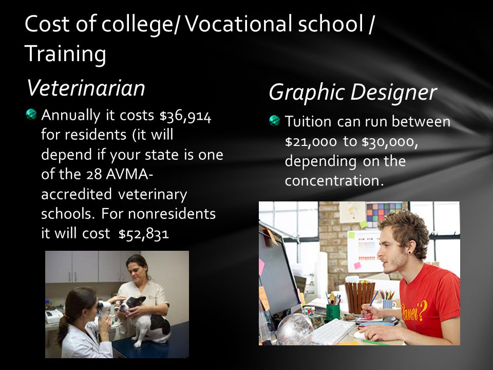 Veterinarian Graphic Designer Tuition can run between $21,000 to $30,000, depending on the concentration.
