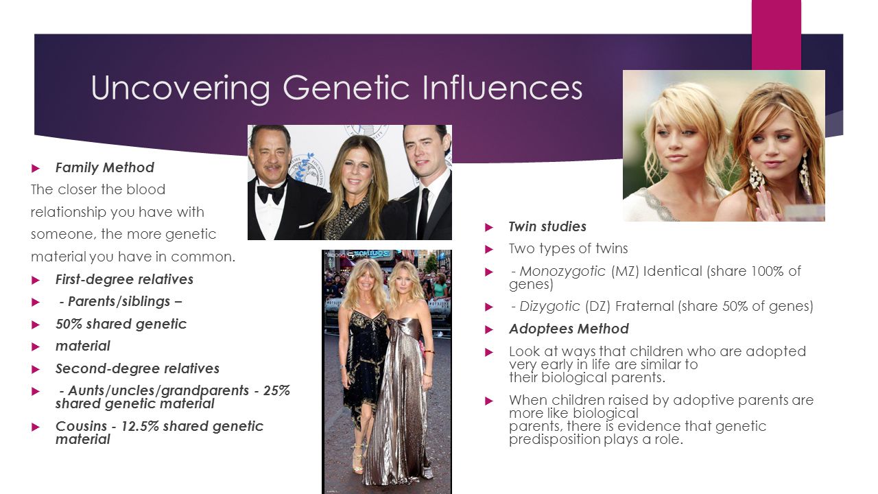 Uncovering Genetic Influences  Family Method The closer the blood relationship you have with someone, the more genetic material you have in common.