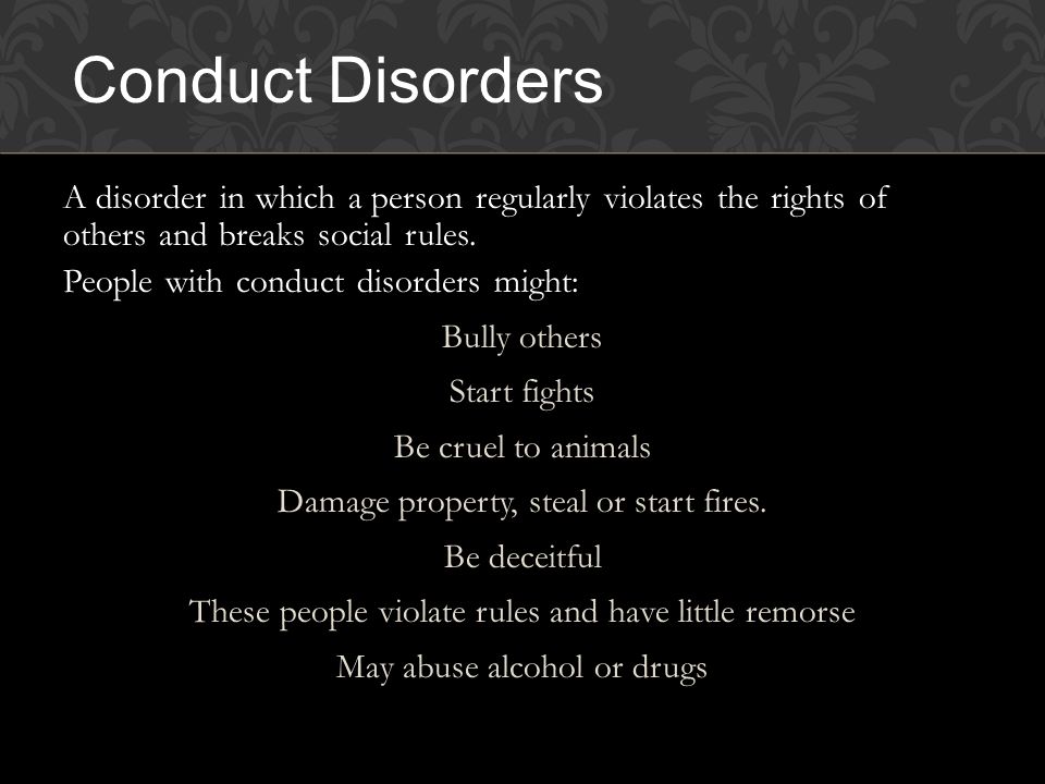 A disorder in which a person regularly violates the rights of others and breaks social rules.