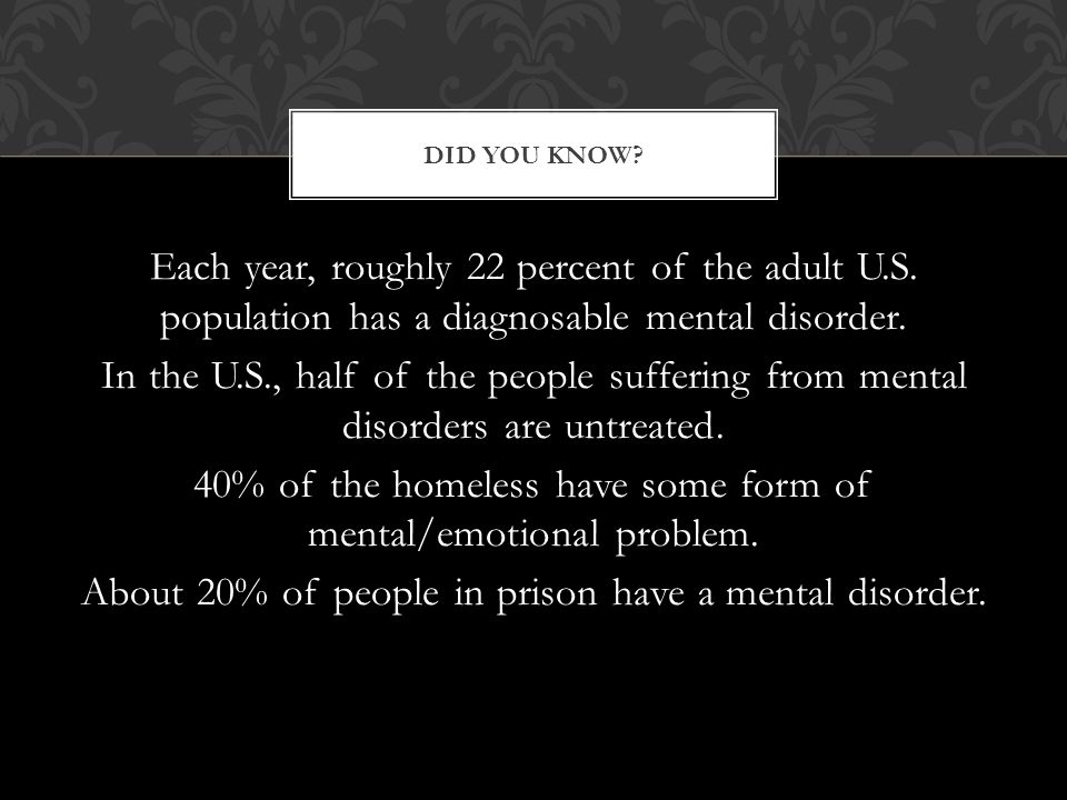 Each year, roughly 22 percent of the adult U.S. population has a diagnosable mental disorder.