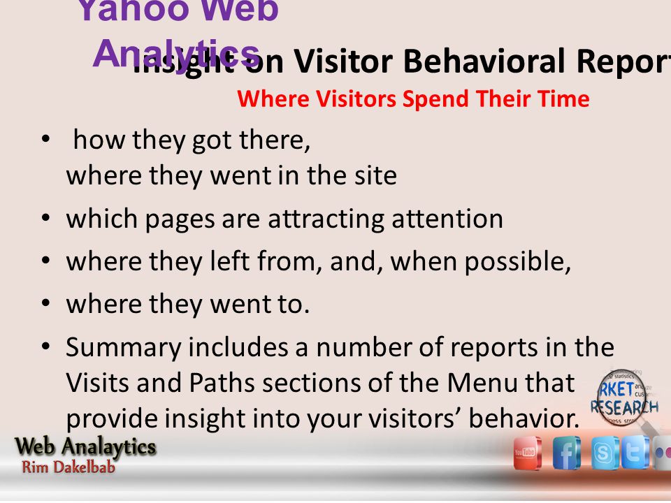 Insight on Visitor Behavioral Reports Where Visitors Spend Their Time how they got there, where they went in the site which pages are attracting attention where they left from, and, when possible, where they went to.