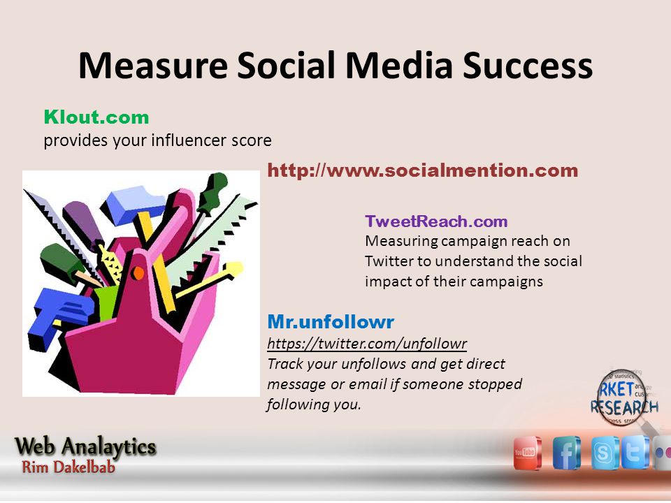 Measure Social Media Success Klout.com provides your influencer score   TweetReach.com Measuring campaign reach on Twitter to understand the social impact of their campaigns Mr.unfollowr   Track your unfollows and get direct message or  if someone stopped following you.