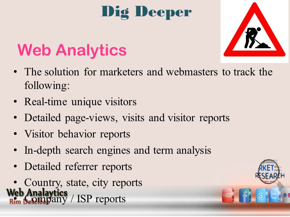 Dig Deeper Web Analytics The solution for marketers and webmasters to track the following: Real-time unique visitors Detailed page-views, visits and visitor reports Visitor behavior reports In-depth search engines and term analysis Detailed referrer reports Country, state, city reports Company / ISP reports