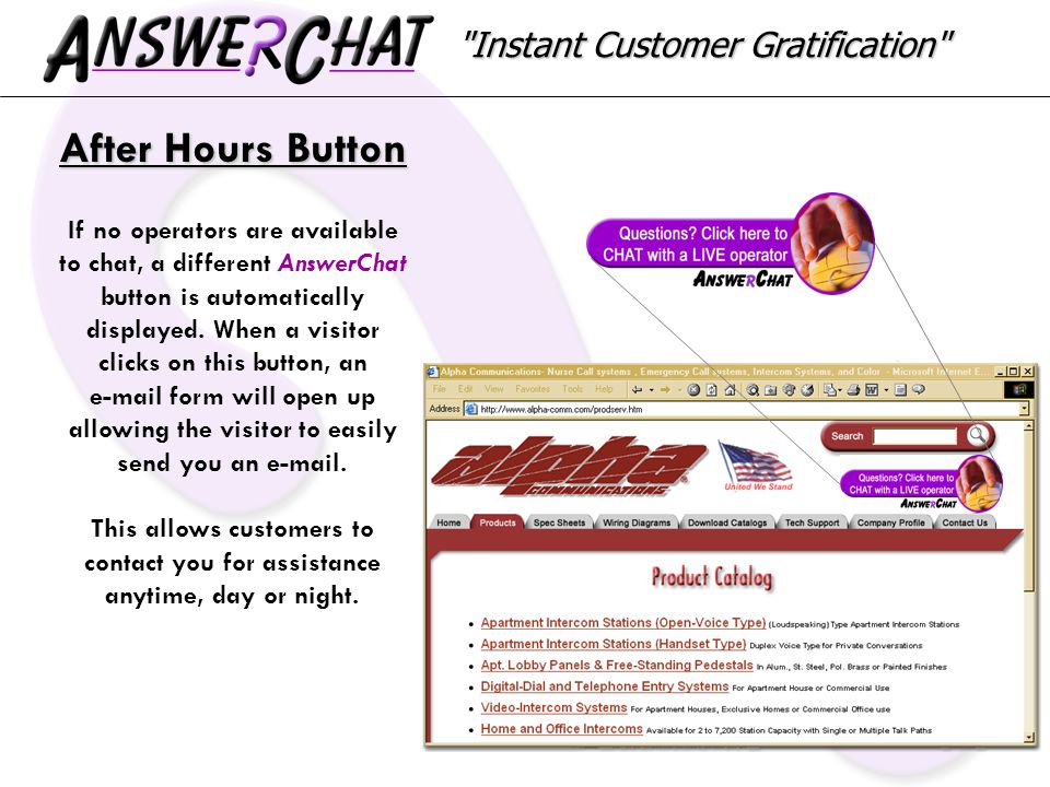 Instant Customer Gratification After Hours Button If no operators are available to chat, a different AnswerChat button is automatically displayed.