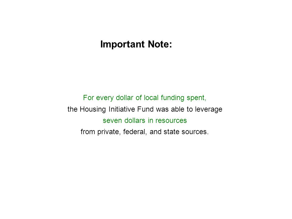 For every dollar of local funding spent, the Housing Initiative Fund was able to leverage seven dollars in resources from private, federal, and state sources.