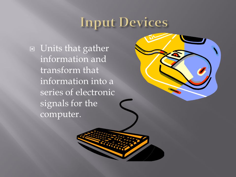  Units that gather information and transform that information into a series of electronic signals for the computer.