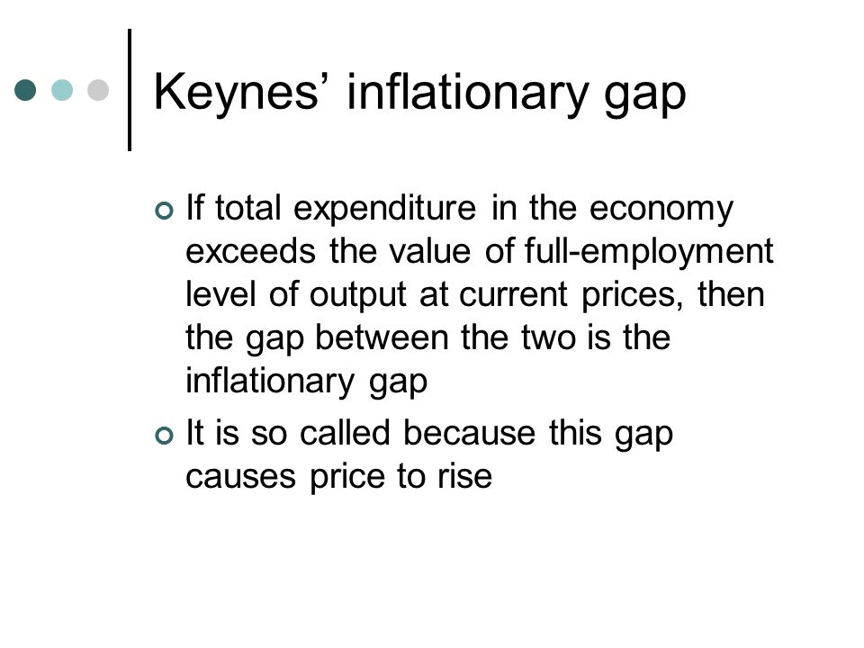 Keynes’ inflationary gap If total expenditure in the economy exceeds the value of full-employment level of output at current prices, then the gap between the two is the inflationary gap It is so called because this gap causes price to rise