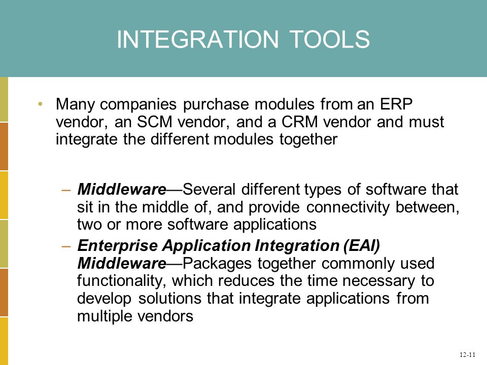 INTEGRATION TOOLS Many companies purchase modules from an ERP vendor, an SCM vendor, and a CRM vendor and must integrate the different modules together –Middleware—Several different types of software that sit in the middle of, and provide connectivity between, two or more software applications –Enterprise Application Integration (EAI) Middleware—Packages together commonly used functionality, which reduces the time necessary to develop solutions that integrate applications from multiple vendors 12-11