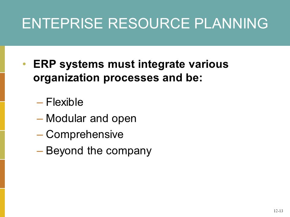 ENTEPRISE RESOURCE PLANNING ERP systems must integrate various organization processes and be: –Flexible –Modular and open –Comprehensive –Beyond the company 12-13