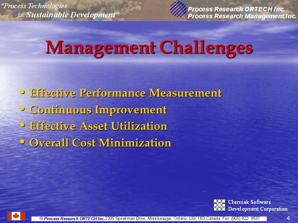 4 Management Challenges Effective Performance Measurement Effective Performance Measurement Continuous Improvement Continuous Improvement Effective Asset Utilization Effective Asset Utilization Overall Cost Minimization Overall Cost Minimization