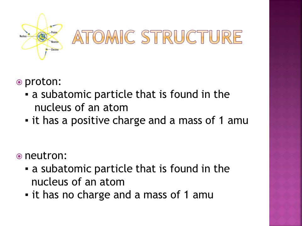  proton: ▪ a subatomic particle that is found in the nucleus of an atom ▪ it has a positive charge and a mass of 1 amu  neutron: ▪ a subatomic particle that is found in the nucleus of an atom ▪ it has no charge and a mass of 1 amu