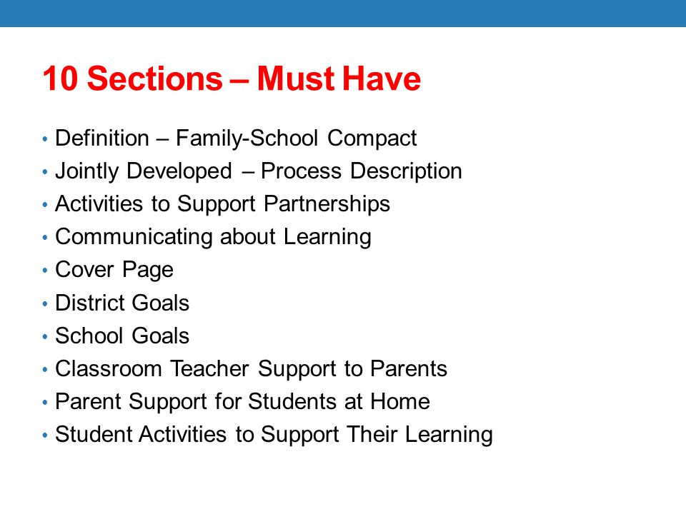 10 Sections – Must Have Definition – Family-School Compact Jointly Developed – Process Description Activities to Support Partnerships Communicating about Learning Cover Page District Goals School Goals Classroom Teacher Support to Parents Parent Support for Students at Home Student Activities to Support Their Learning
