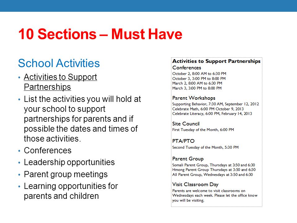 10 Sections – Must Have School Activities Activities to Support Partnerships List the activities you will hold at your school to support partnerships for parents and if possible the dates and times of those activities.