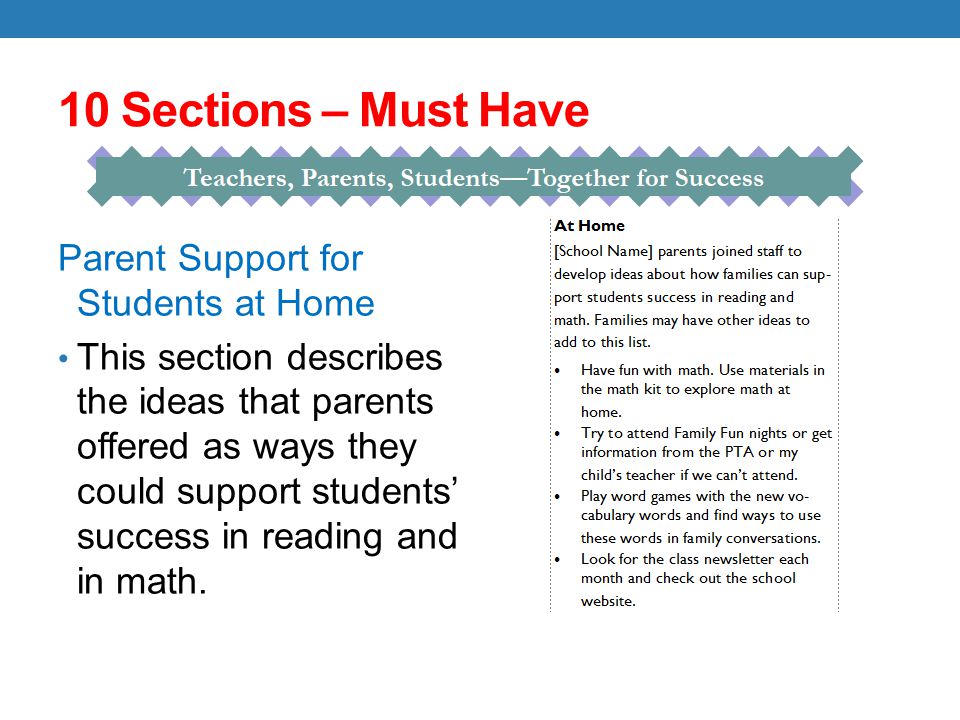 10 Sections – Must Have Parent Support for Students at Home This section describes the ideas that parents offered as ways they could support students’ success in reading and in math.