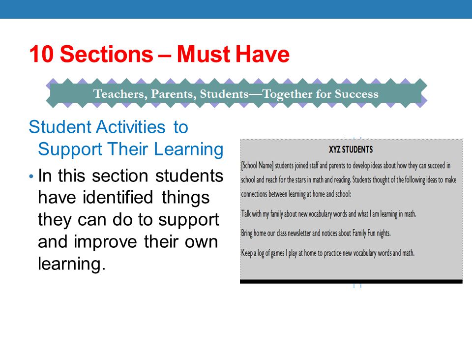 10 Sections – Must Have Student Activities to Support Their Learning In this section students have identified things they can do to support and improve their own learning.