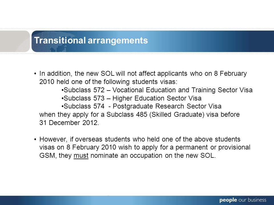 In addition, the new SOL will not affect applicants who on 8 February 2010 held one of the following students visas: Subclass 572 – Vocational Education and Training Sector Visa Subclass 573 – Higher Education Sector Visa Subclass Postgraduate Research Sector Visa when they apply for a Subclass 485 (Skilled Graduate) visa before 31 December 2012.
