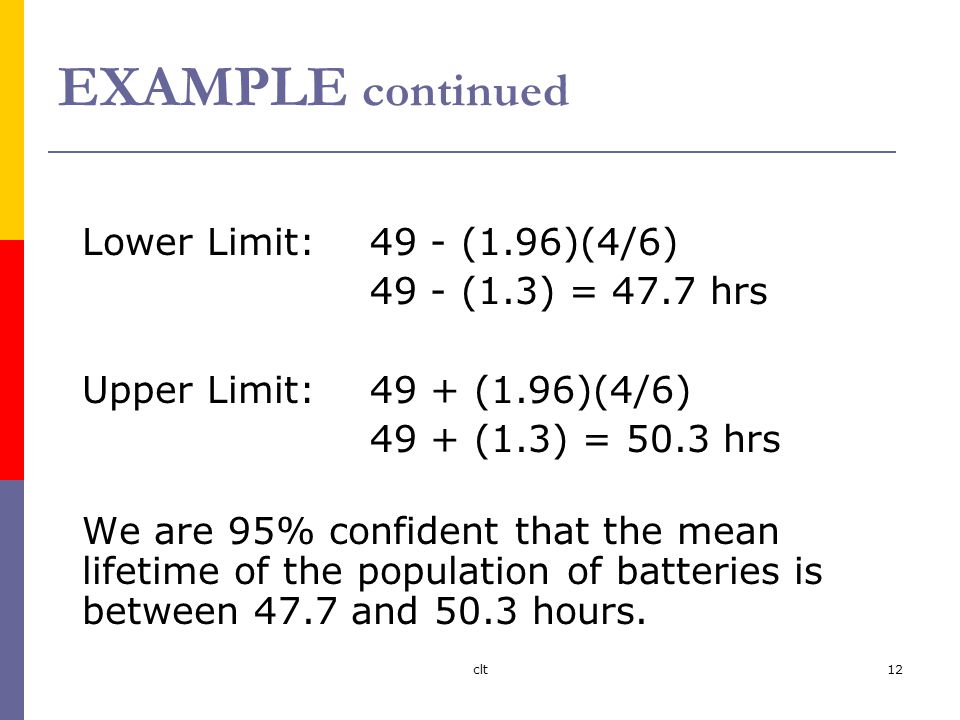 clt12 EXAMPLE continued Lower Limit: 49 - (1.96)(4/6) 49 - (1.3) = 47.7 hrs Upper Limit: 49 + (1.96)(4/6) 49 + (1.3) = 50.3 hrs We are 95% confident that the mean lifetime of the population of batteries is between 47.7 and 50.3 hours.