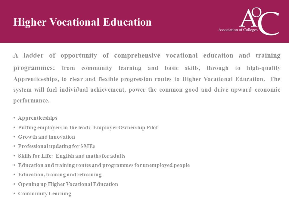 A ladder of opportunity of comprehensive vocational education and training programmes: from community learning and basic skills, through to high-quality Apprenticeships, to clear and flexible progression routes to Higher Vocational Education.
