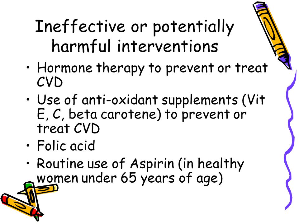 Ineffective or potentially harmful interventions Hormone therapy to prevent or treat CVD Use of anti-oxidant supplements (Vit E, C, beta carotene) to prevent or treat CVD Folic acid Routine use of Aspirin (in healthy women under 65 years of age)