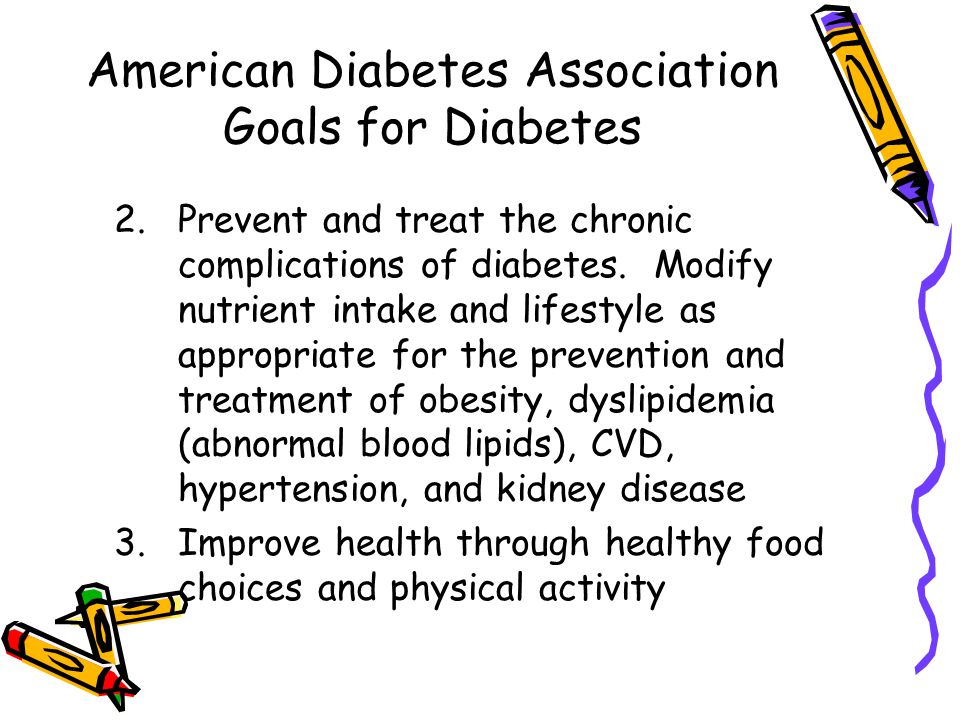 American Diabetes Association Goals for Diabetes 2.Prevent and treat the chronic complications of diabetes.