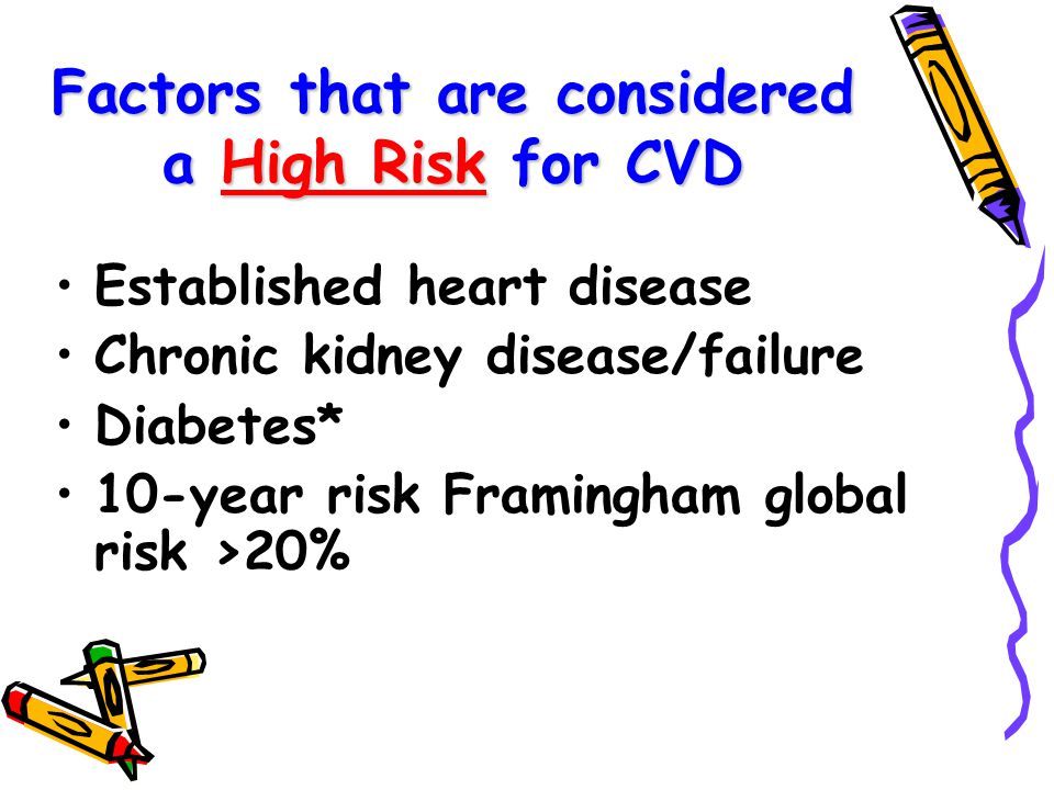Factors that are considered a High Risk for CVD Established heart disease Chronic kidney disease/failure Diabetes* 10-year risk Framingham global risk >20%