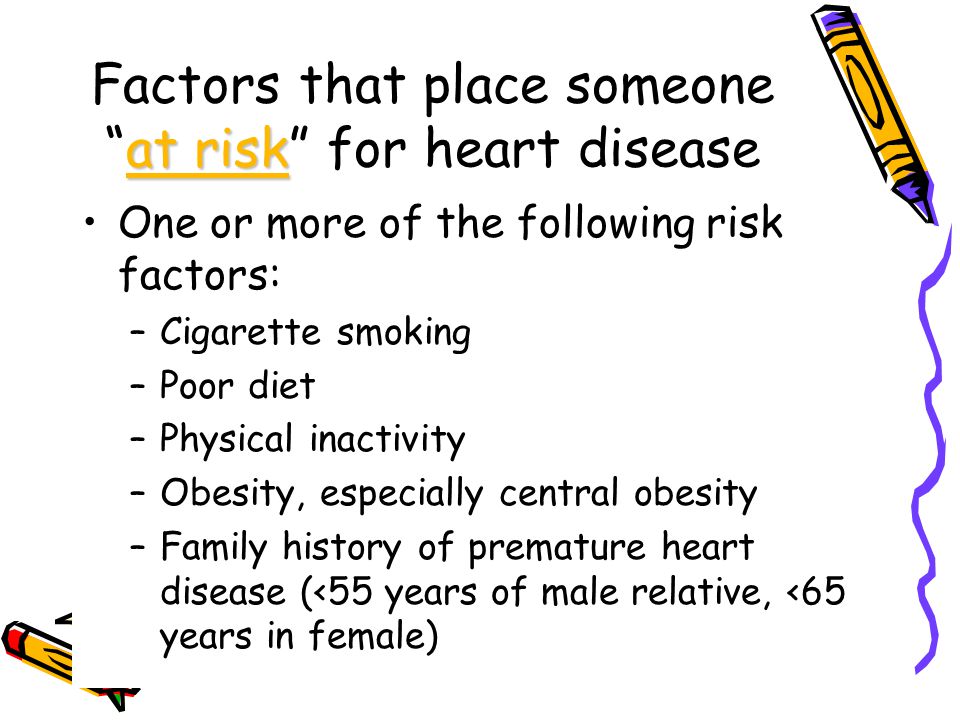 at risk Factors that place someone at risk for heart disease One or more of the following risk factors: –Cigarette smoking –Poor diet –Physical inactivity –Obesity, especially central obesity –Family history of premature heart disease (<55 years of male relative, <65 years in female)