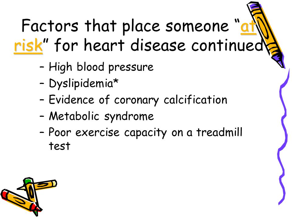 at risk Factors that place someone at risk for heart disease continued –High blood pressure –Dyslipidemia* –Evidence of coronary calcification –Metabolic syndrome –Poor exercise capacity on a treadmill test