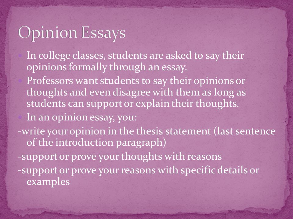 In college classes, students are asked to say their opinions formally through an essay.