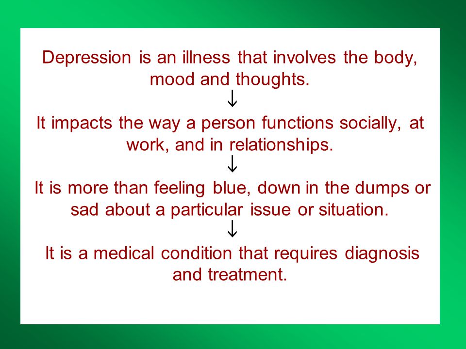 Depression is an illness that involves the body, mood and thoughts.