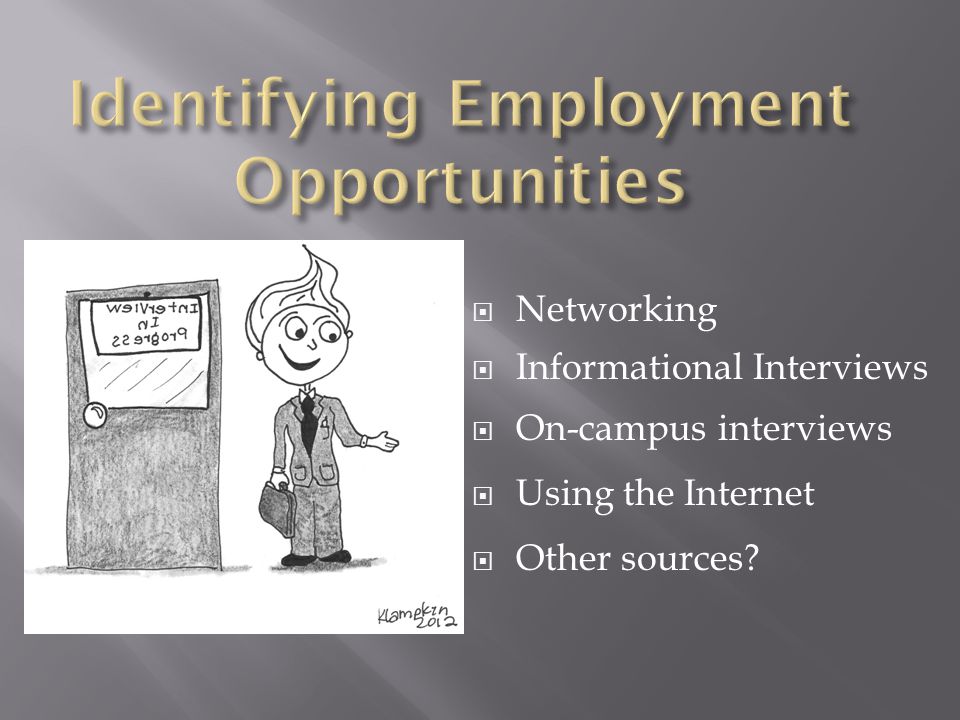  Networking  Informational Interviews  On-campus interviews  Using the Internet  Other sources