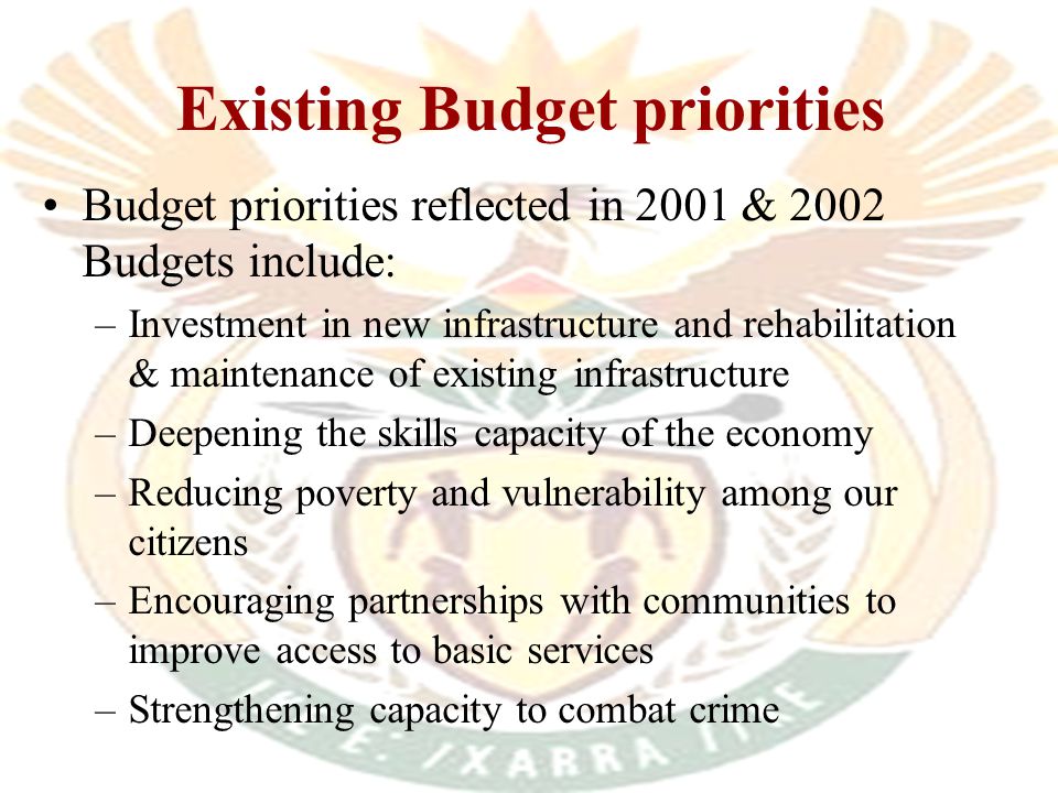 Building on 2001 & 2002 Budgets In 3-year rolling MTEF: –Priorities decided on in 2001 & 2002 Budgets form basis for review of priorities for 2003 –Existing priorities evident in forward estimates of 2002 MTEF (i.e.