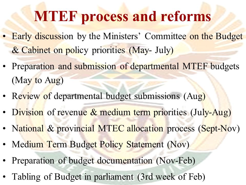 Policy priorities Budget documentation Division of Revenue Bidding process (MTEC) Cabinet approvalBudget DayFiscal framework Political scrutiny of departmental allocations (MinComBud) Main steps in budget process MTBPS