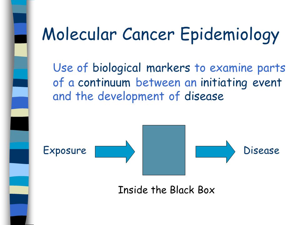 Molecular Cancer Epidemiology Use of biological markers to examine parts of a continuum between an initiating event and the development of disease ExposureDisease Inside the Black Box