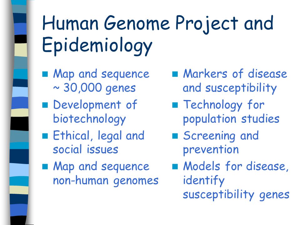 Human Genome Project and Epidemiology Map and sequence ~ 30,000 genes Development of biotechnology Ethical, legal and social issues Map and sequence non-human genomes Markers of disease and susceptibility Technology for population studies Screening and prevention Models for disease, identify susceptibility genes